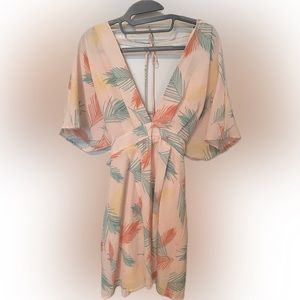 Coral peach tropical palm frond deep v flutter sleeve dress teal yellow M